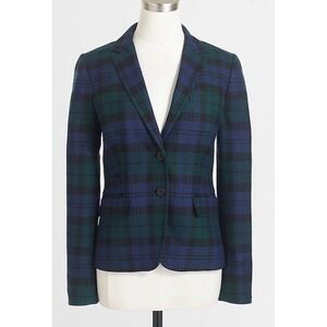 J Crew Blazer Jacket Womens sz.0 Academia Plaid Wool Black Watch Tartan Preppy